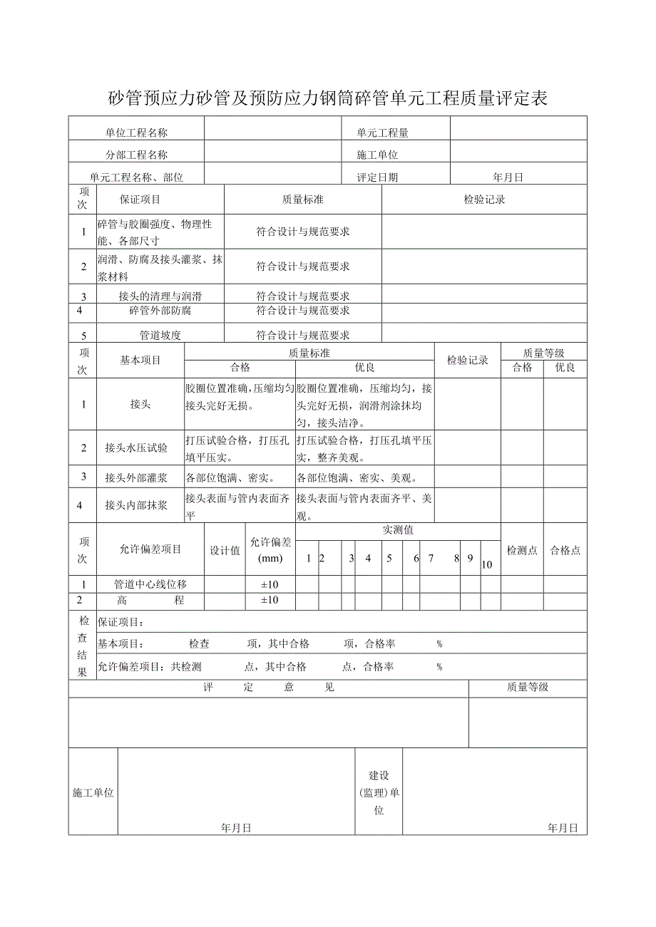 砼管预应力砼管及预防应力钢筒砼管单元工程质量评定表.docx_第1页