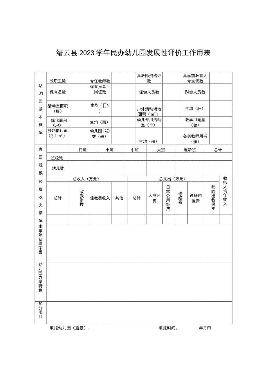 缙云县2023学年民办幼儿园发展性评价工作用表.docx_第1页