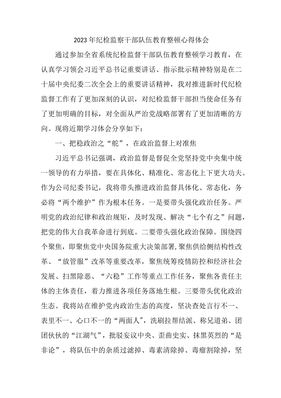 煤矿企业2023年纪检监察干部队伍教育整顿个人心得体会 汇编十份.docx_第1页