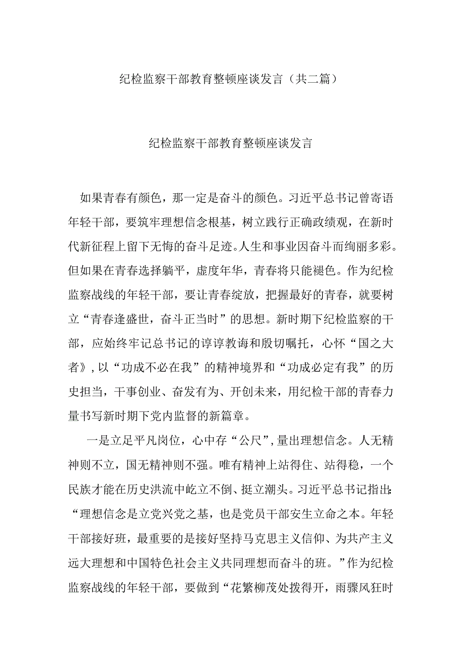 纪检监察干部教育整顿座谈发言共二篇.docx_第1页