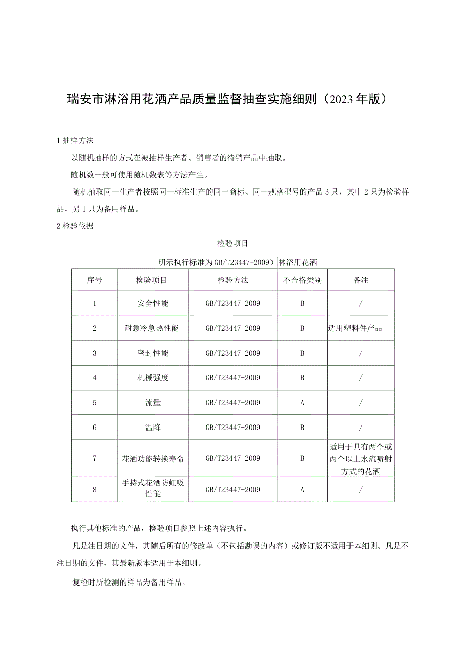 瑞安市淋浴用花洒产品质量监督抽查实施细则2023年版.docx_第1页