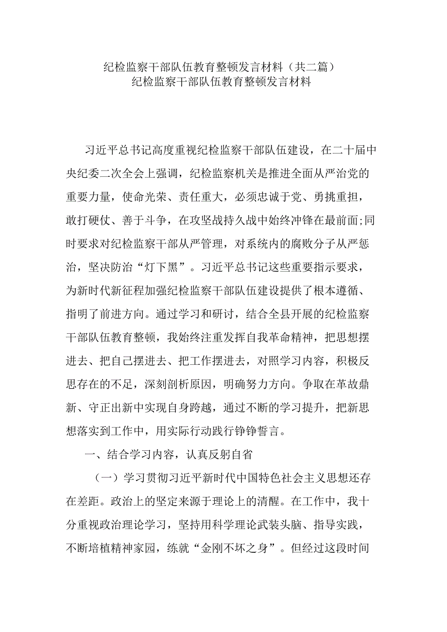 纪检监察干部队伍教育整顿发言材料共二篇.docx_第1页