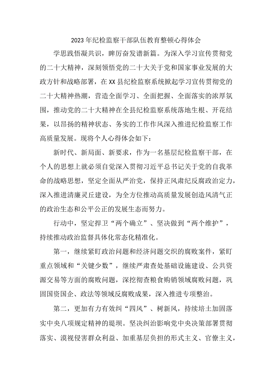 村支书2023年纪检监察干部队伍教育整顿个人心得体会 合编八份.docx_第1页