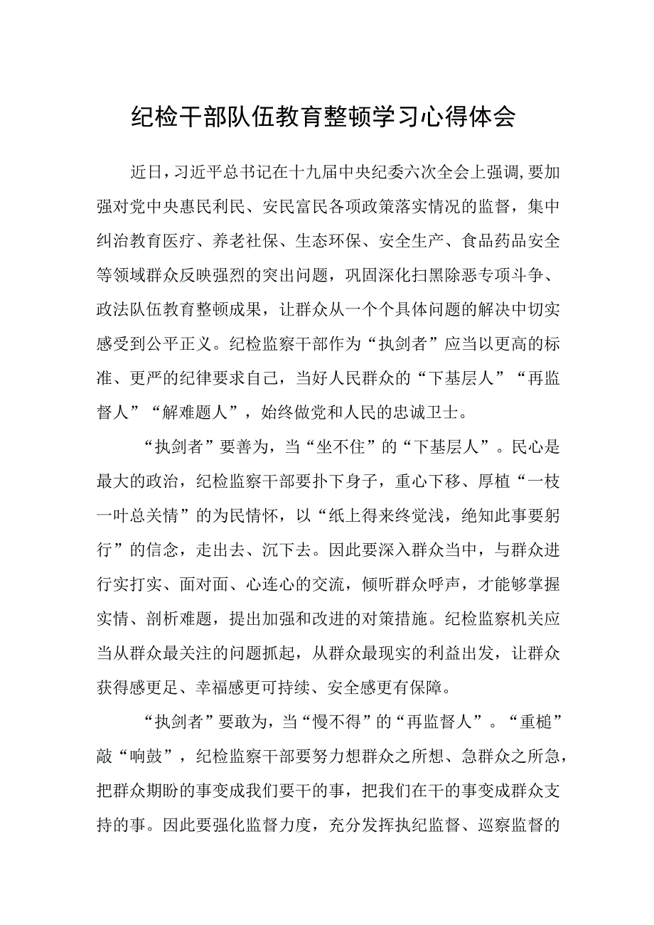 纪检干部队伍教育整顿学习心得体会.docx_第1页