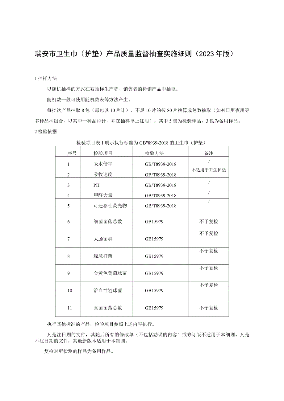 瑞安市卫生巾护垫产品质量监督抽查实施细则2023年版.docx_第1页