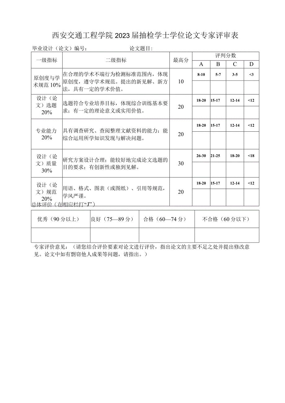 西安交通工程学院2023届抽检学士学位论文专家评审表.docx_第1页