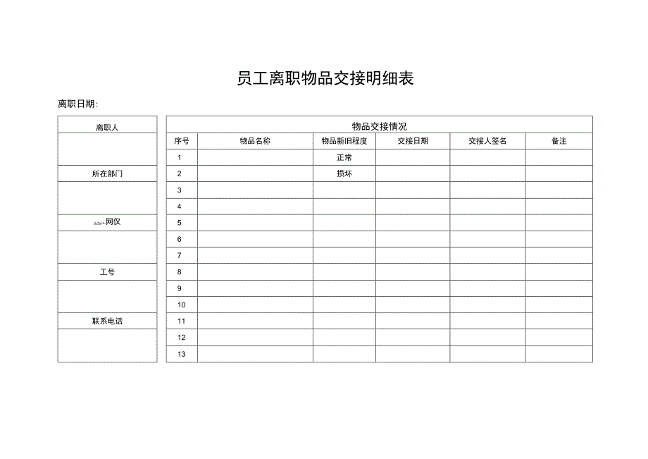 行政表格员工离职工作物品交接表.docx_第1页