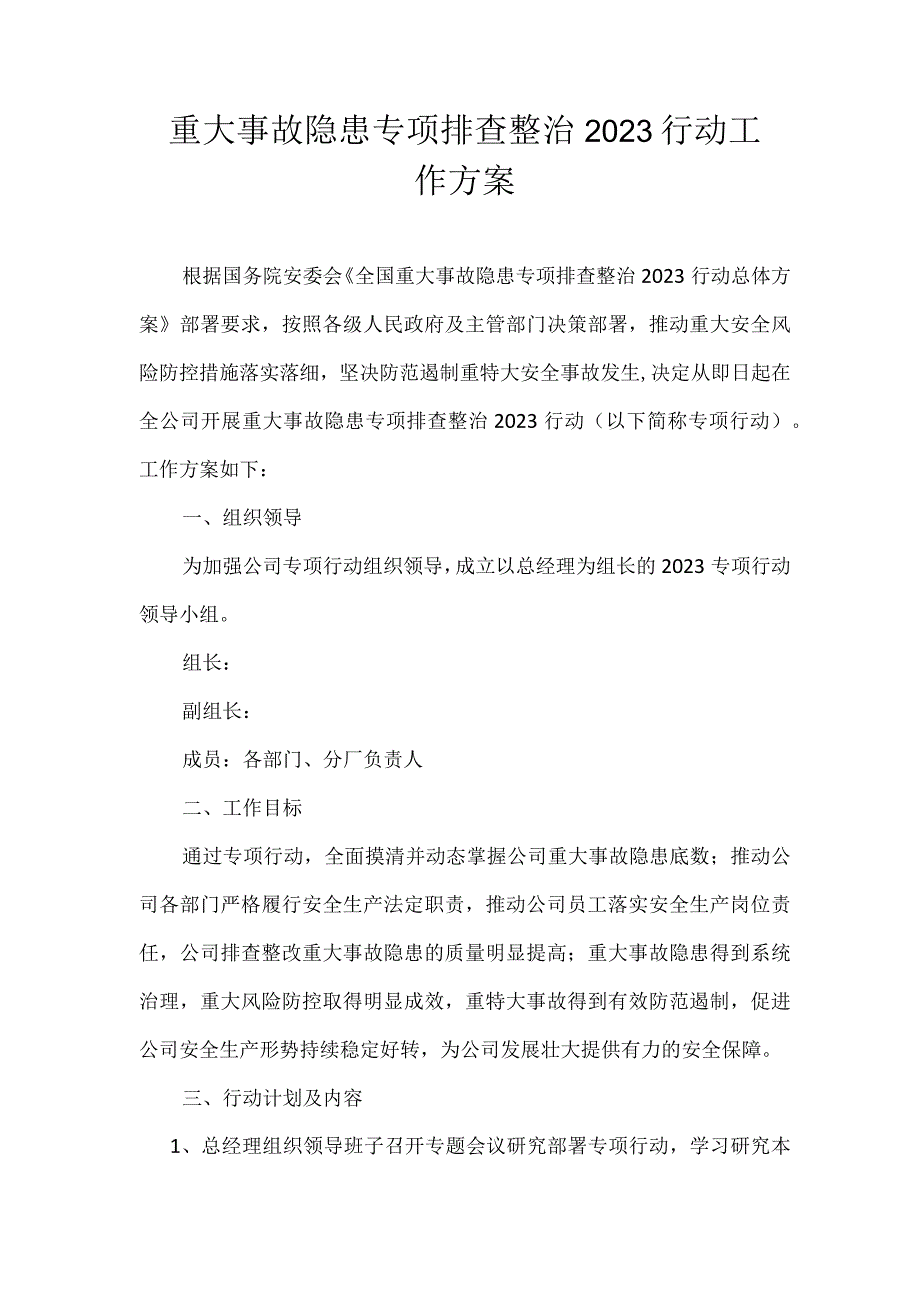 重大事故隐患专项排查整治 2023 行动工作方案.docx_第1页