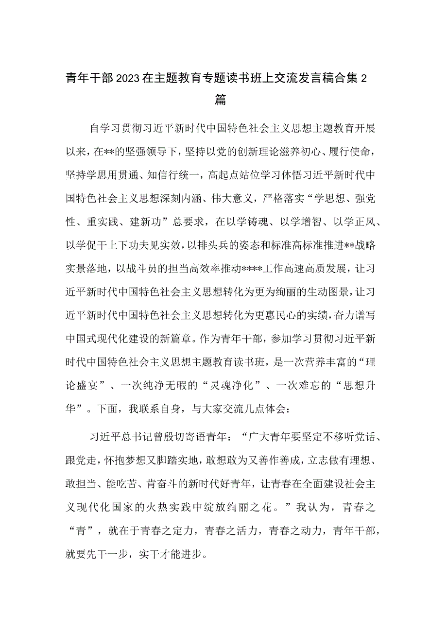 青年干部2023在主题教育专题读书班上交流发言稿合集2篇.docx_第1页