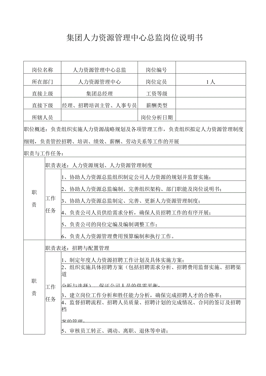 集团人力资源管理中心总监岗位说明书.docx_第1页