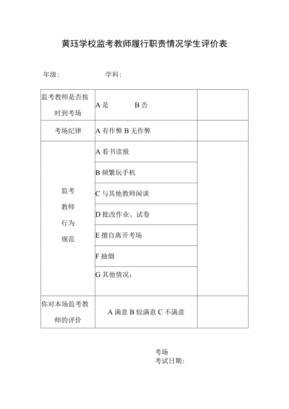 黄珏学校监考教师履行职责情况学生评价表.docx_第1页