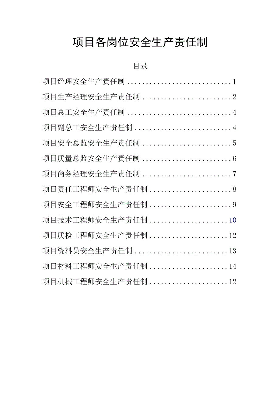 项目各岗位安全生产责任制电子版.docx_第1页