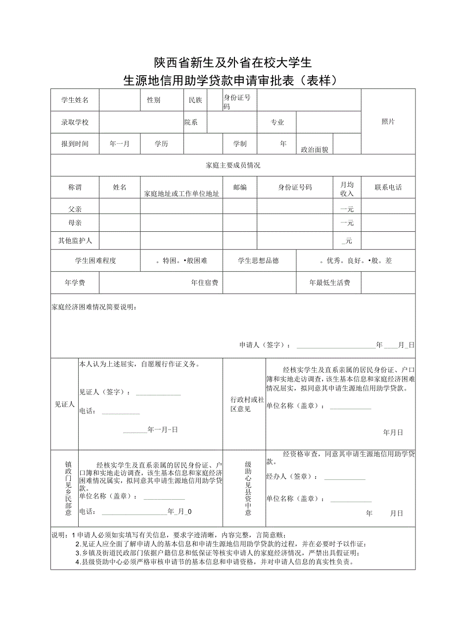 陕西省新生及外省在校大学生生源地信用助学贷款申请审批表表样.docx_第1页