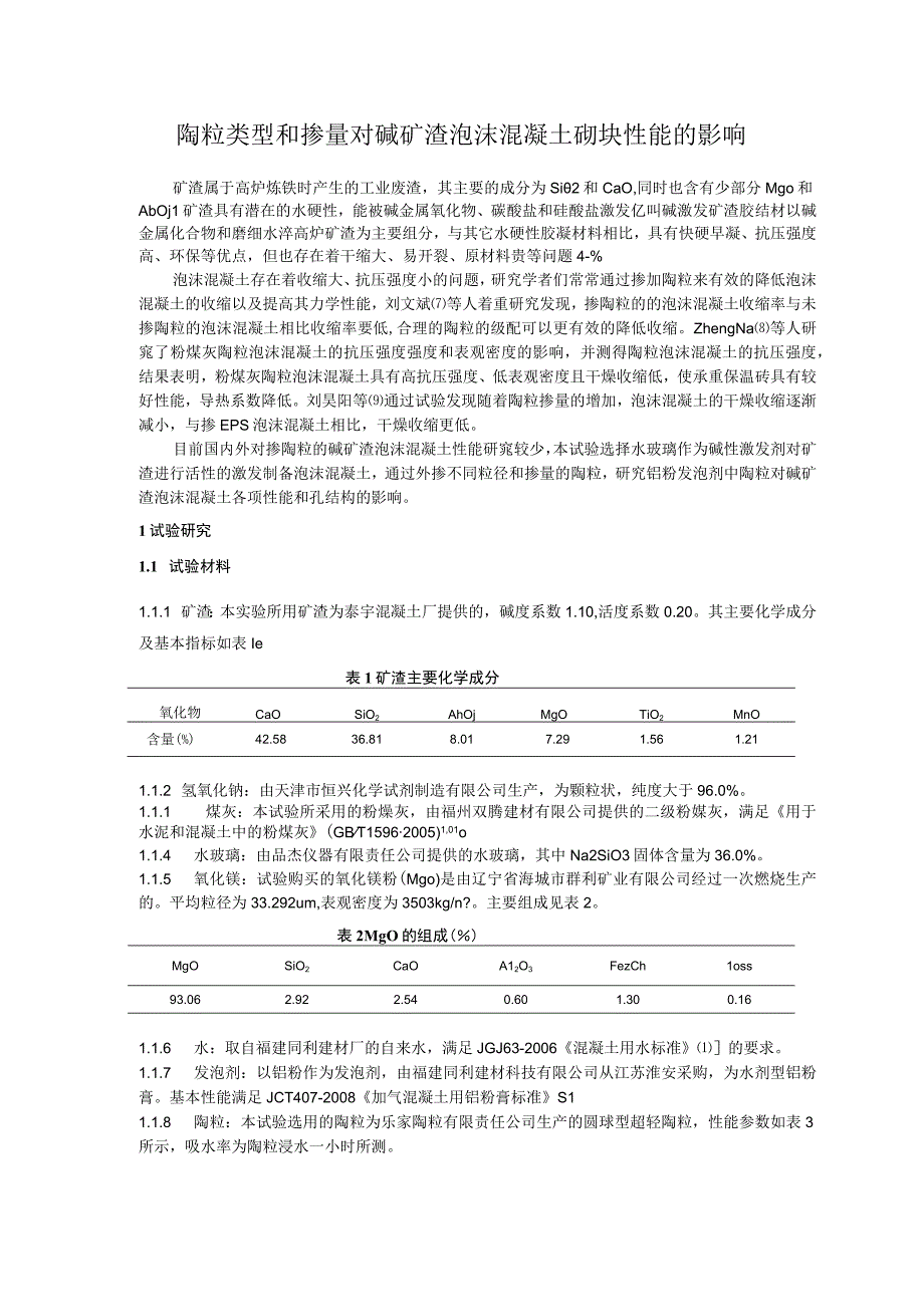 陶粒类型和掺量对碱矿渣泡沫混凝土砌块性能的影响.docx_第1页