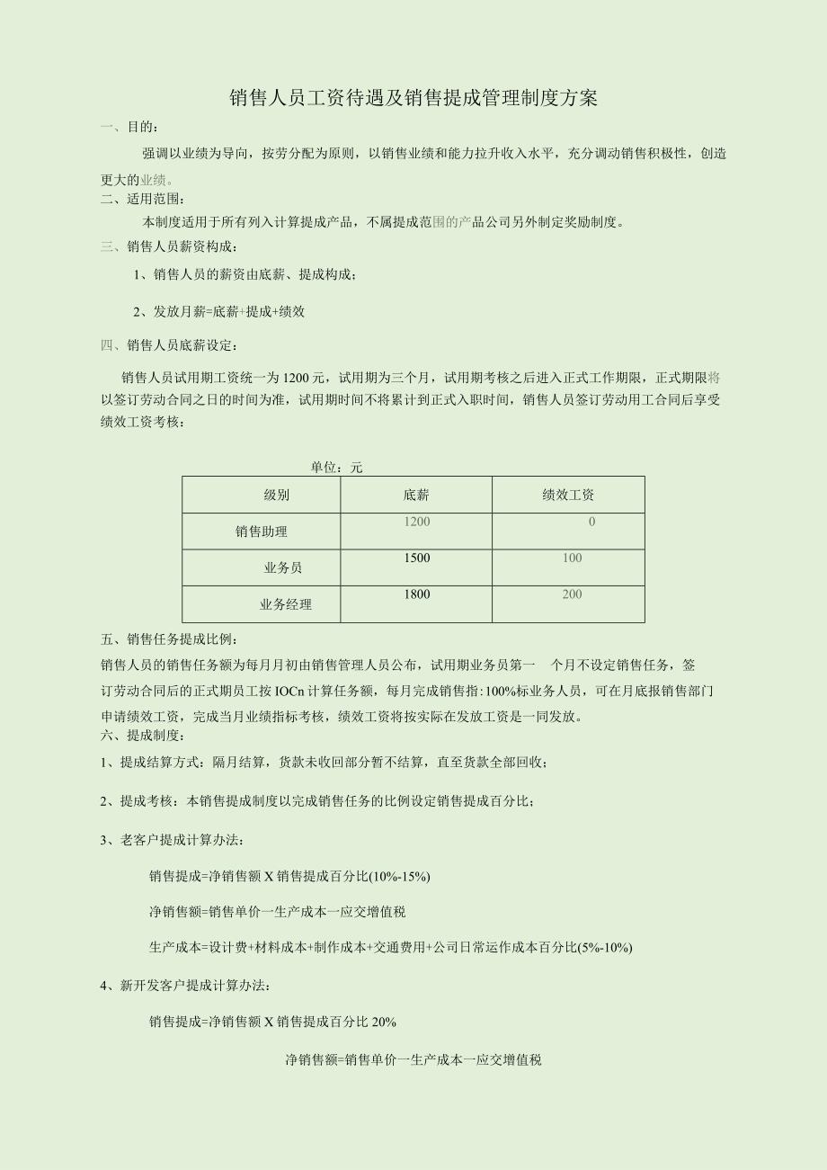 销售人员工资待遇及销售提成管理制度方案.docx_第1页