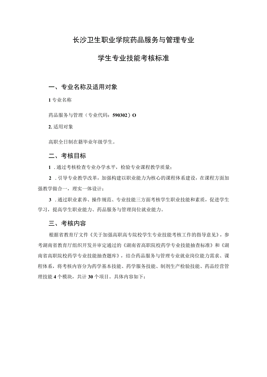 长沙卫生职业学院药品服务与管理专业学生专业技能考核标准.docx_第1页