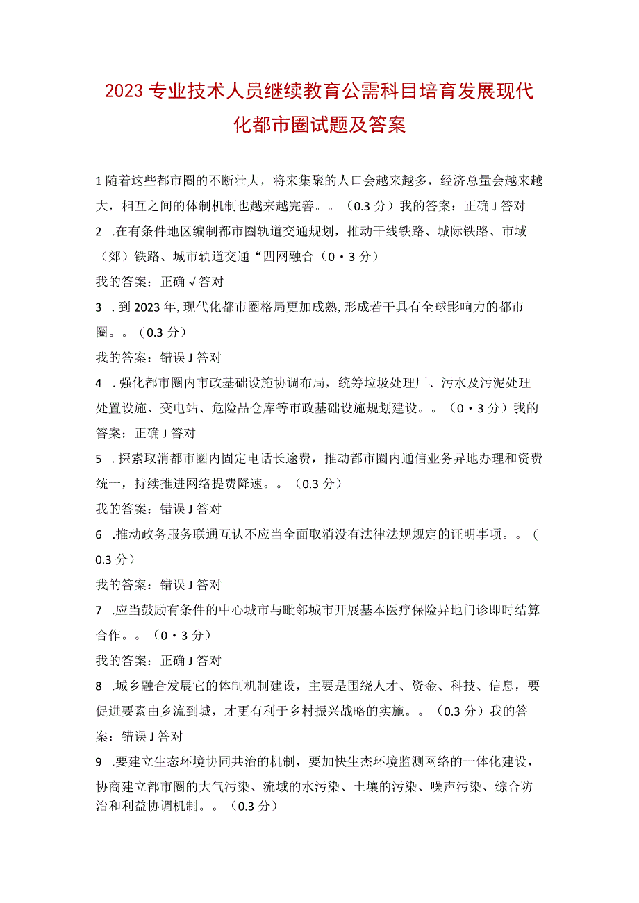 2023专业技术人员继续教育公需科目培育发展现代化都市圈试题及答案.docx_第1页