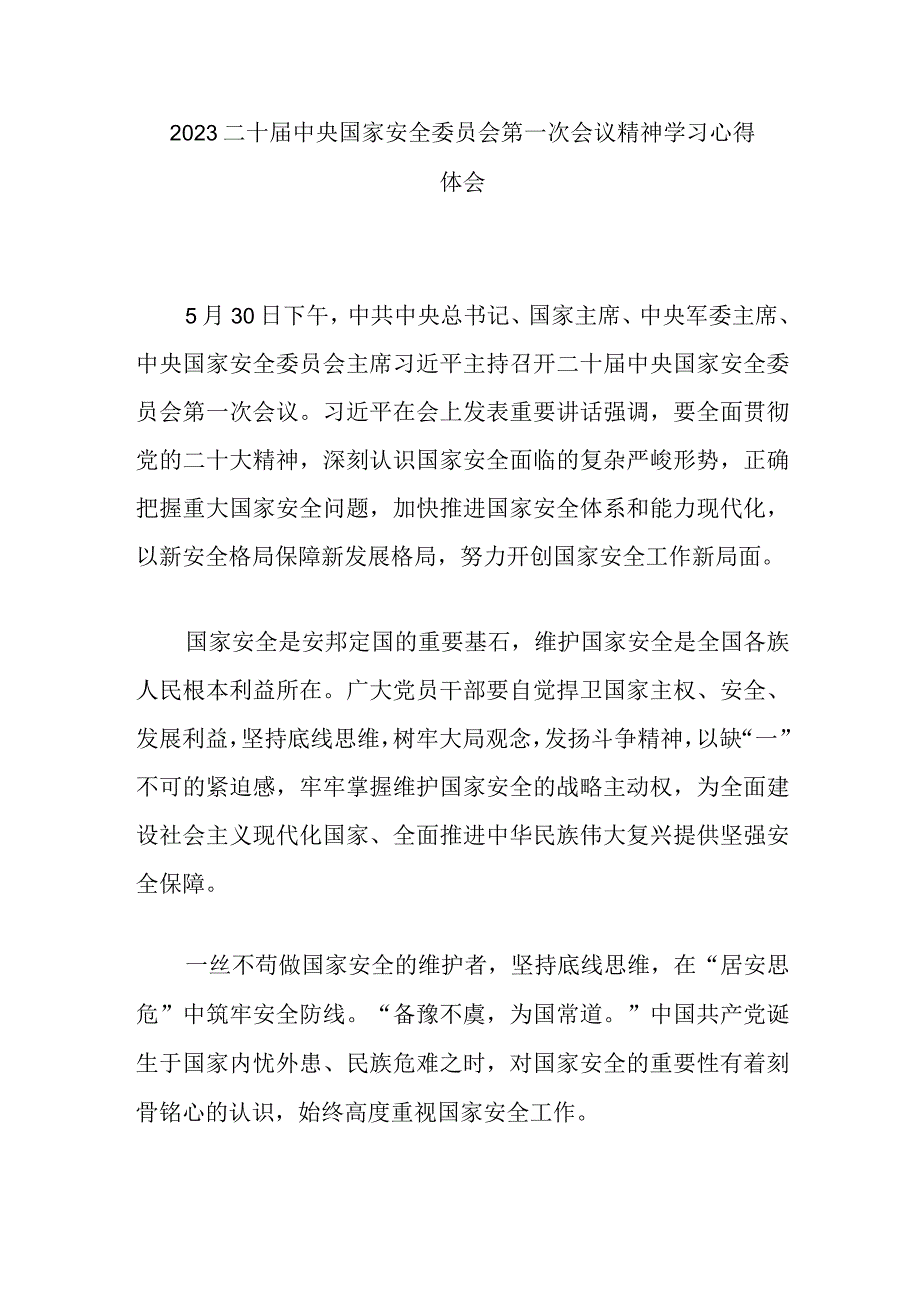 2023二十届中央国家安全委员会第一次会议精神学习心得体会2篇.docx_第1页