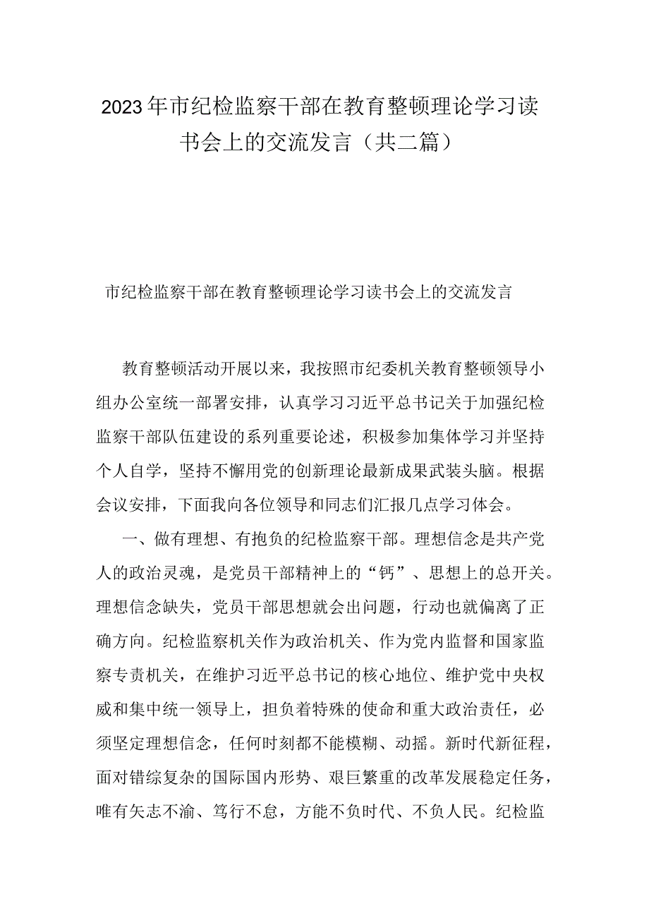 2023年市纪检监察干部在教育整顿理论学习读书会上的交流发言共二篇.docx_第1页