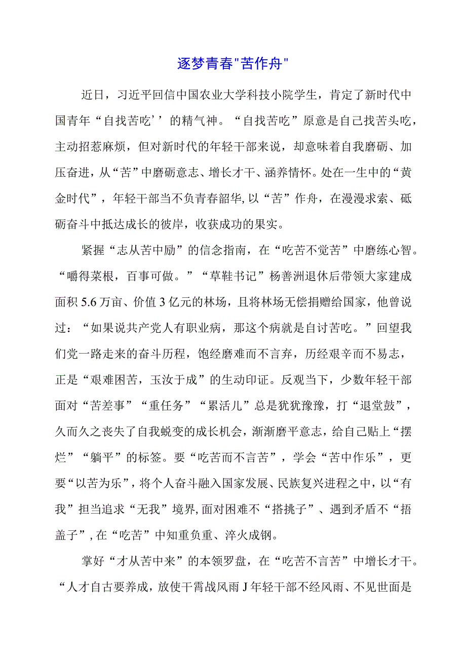 2023年青年人就要‘自找苦吃’专题研讨会学习心得与体会.docx_第1页