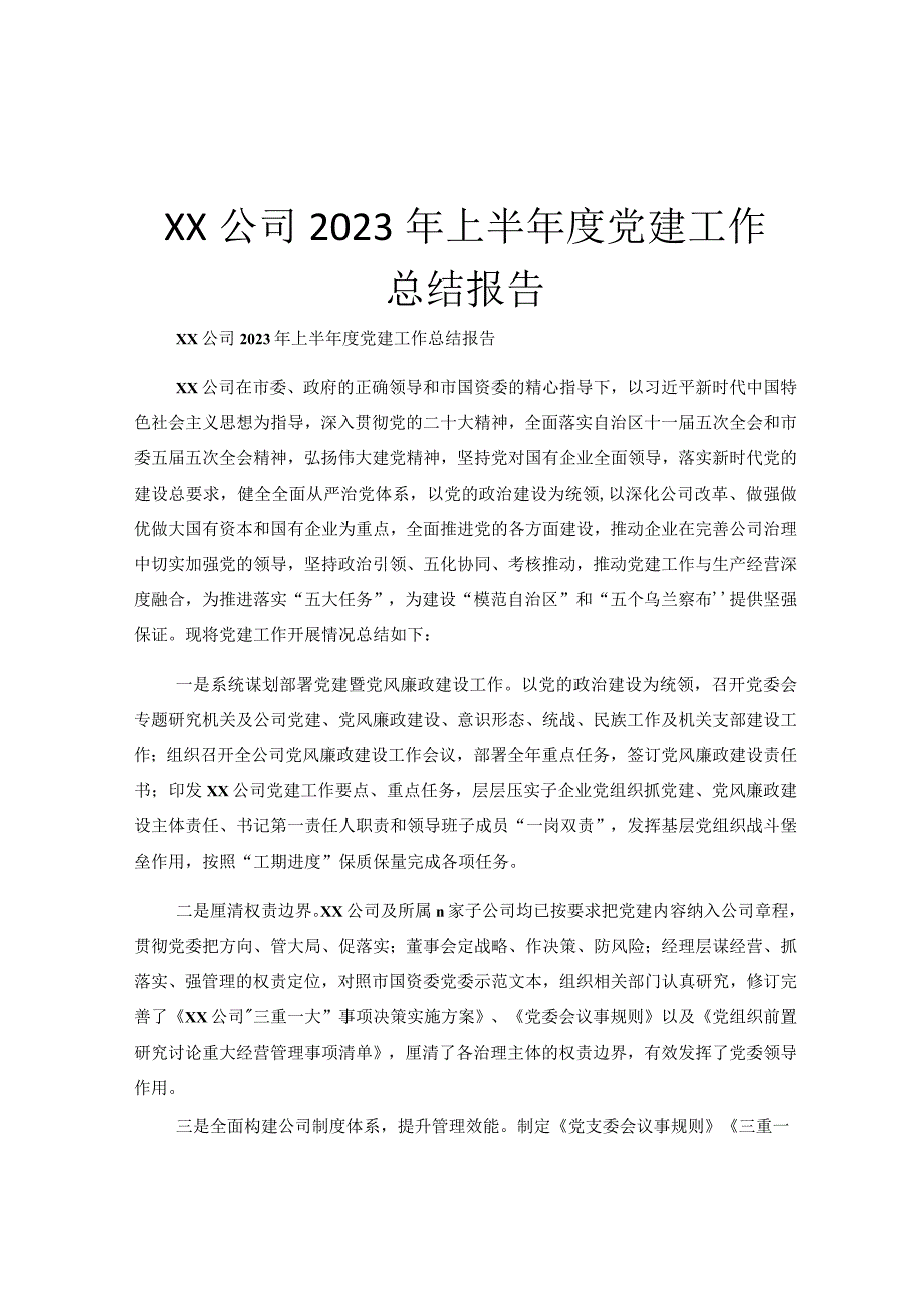 Xx公司2023年上半年度党建工作总结报告.docx_第1页