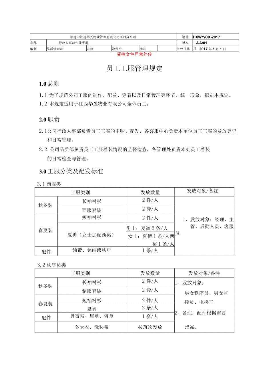 员工工服管理规定（物业管理）.docx_第1页