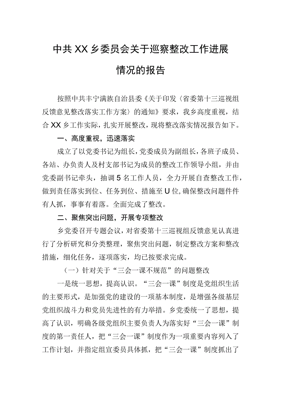 中共XX乡委员会关于巡察整改工作进展情况的报告20230504.docx_第1页