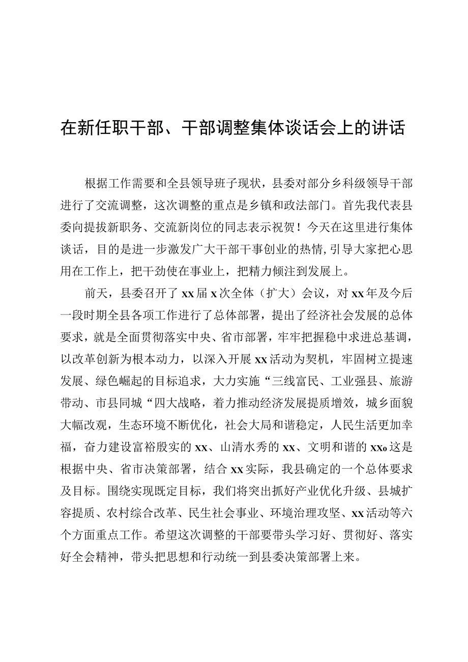 在新任职干部、干部调整集体谈话会上的讲话.docx_第1页