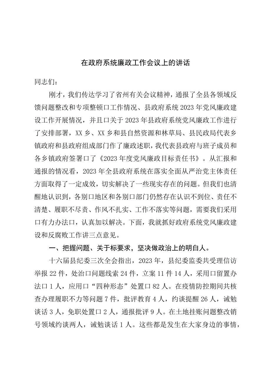 在政府系统廉政工作会议上的讲话.docx_第1页