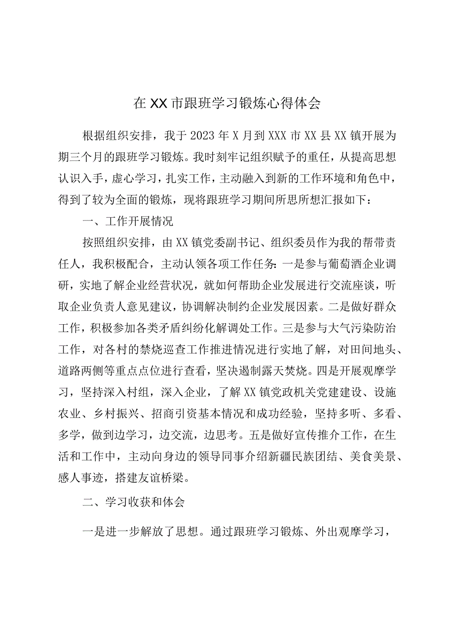 在XX市跟班学习锻炼心得体会.docx_第1页