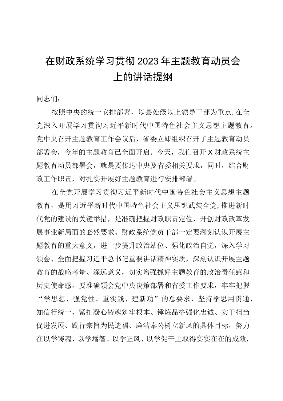 在财政系统学习贯彻2023年主题教育动员会上的讲话提纲.docx_第1页