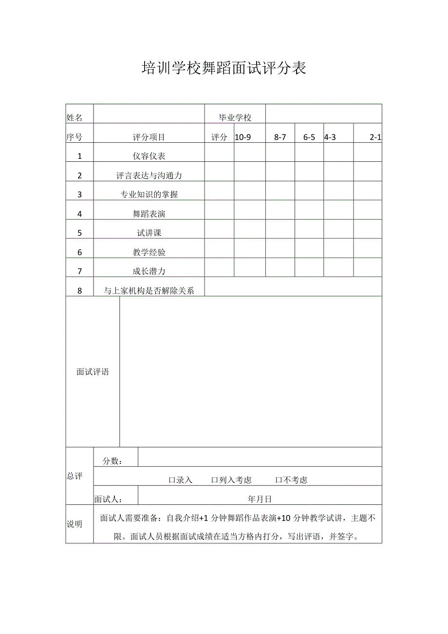 培训学校舞蹈面试评分表.docx_第1页