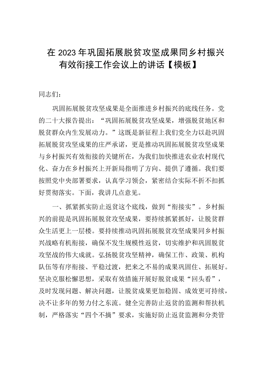 在2023年巩固拓展脱贫攻坚成果同乡村振兴有效衔接工作会议上的讲话【模板】.docx_第1页