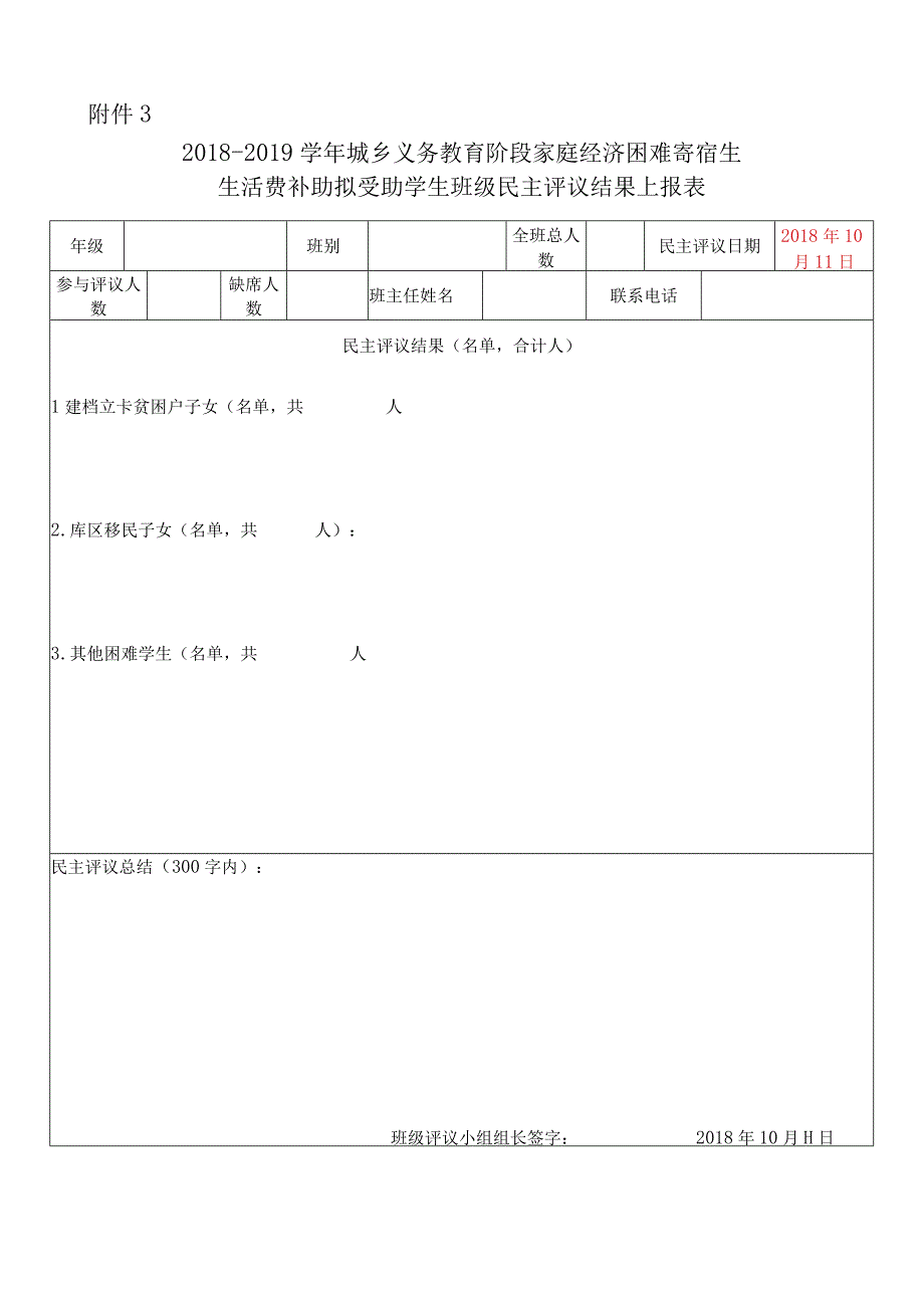 城乡义务教育阶段家庭经济困难寄宿生生活费补助拟受助学生班级民主评议结果上报表.docx_第1页