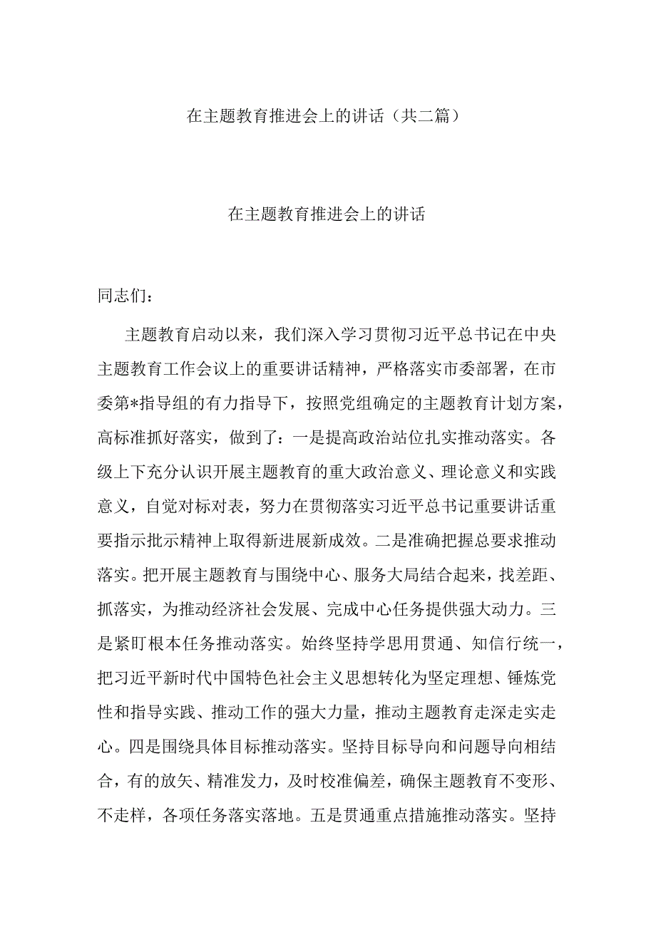 在主题教育推进会上的讲话(共二篇).docx_第1页