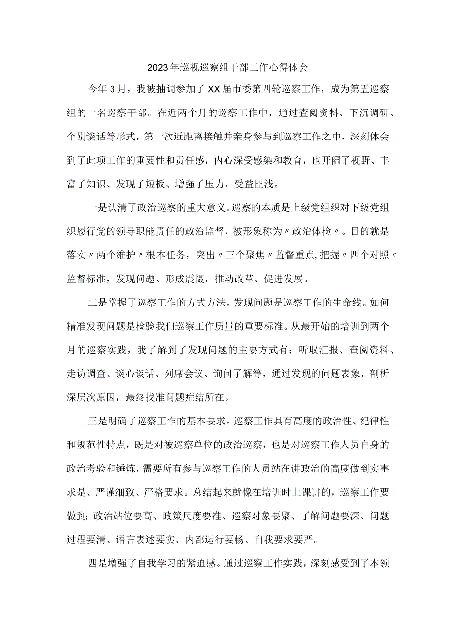 国有企业单位2023年纪检巡察组巡检工作个人心得体会 （合计10份）.docx_第1页