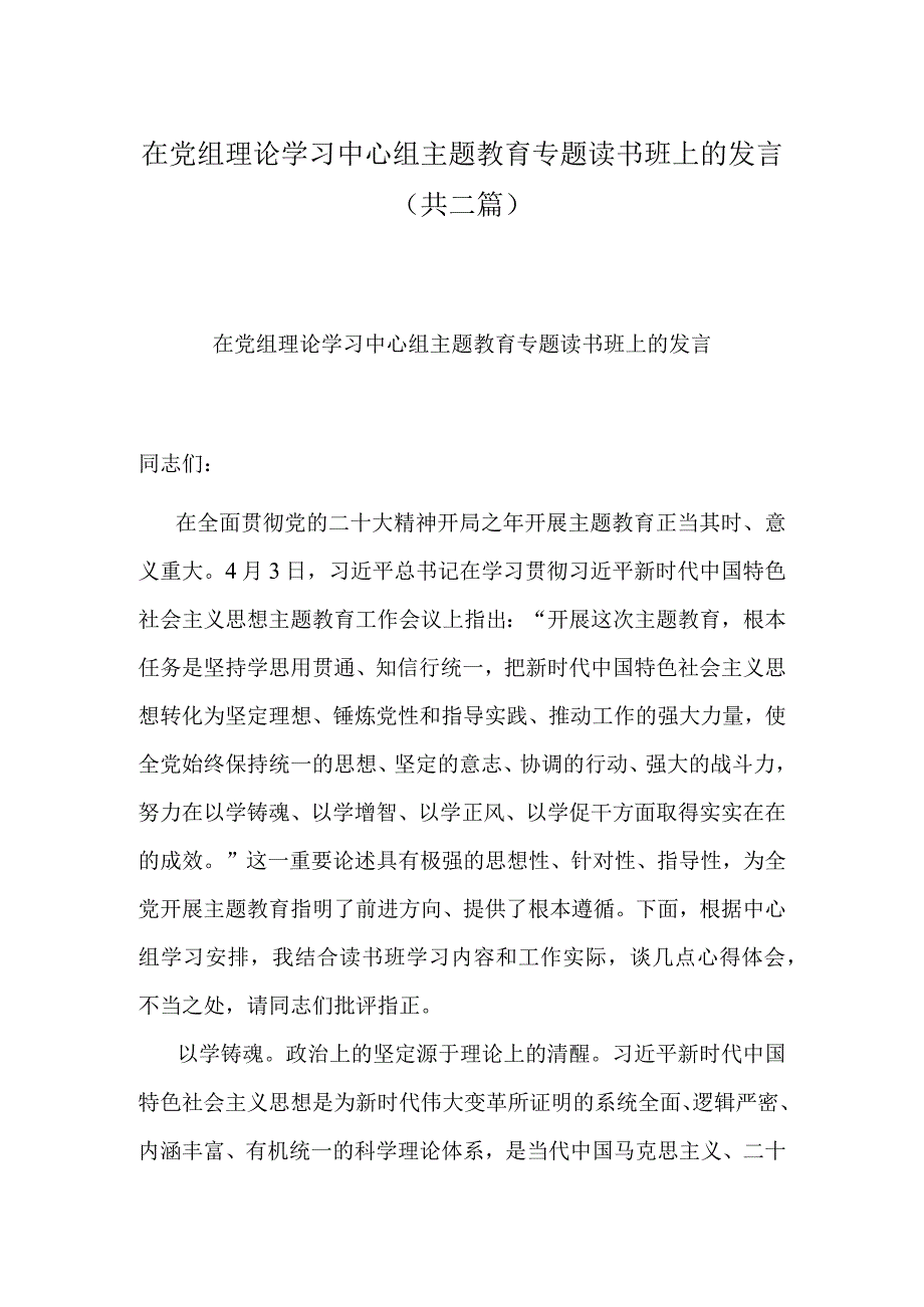 在党组理论学习中心组主题教育专题读书班上的发言(共二篇).docx_第1页