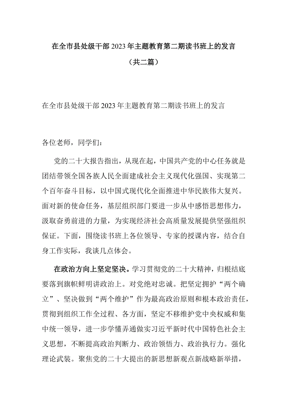 在全市县处级干部2023年主题教育第二期读书班上的发言(共二篇).docx_第1页