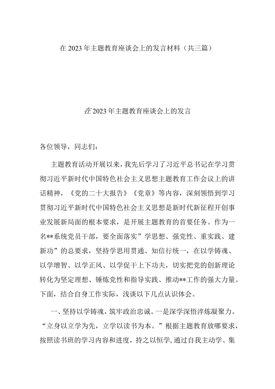 在2023年主题教育座谈会上的发言材料(共三篇).docx_第1页