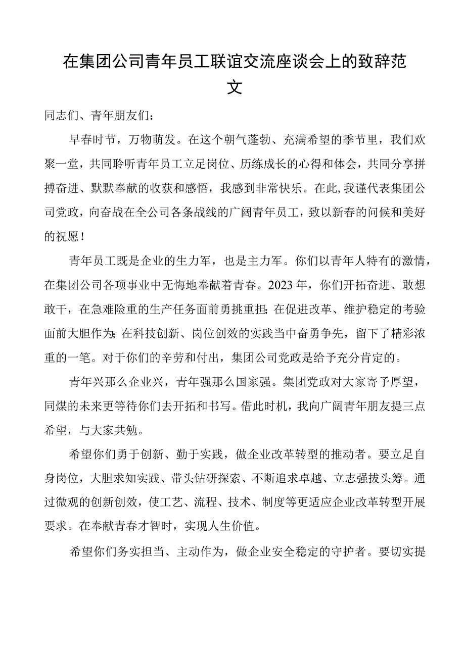 在集团公司青年员工联谊交流座谈会上的致辞范文企业讲话.docx_第1页