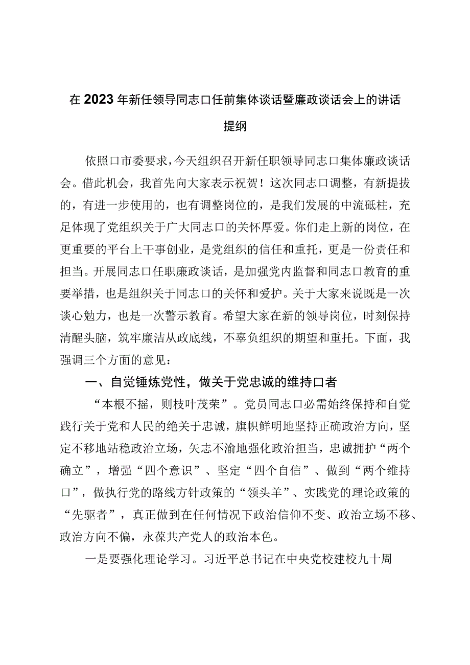 在2023年新任领导干部任前集体谈话暨廉政谈话会上的讲话提纲.docx_第1页