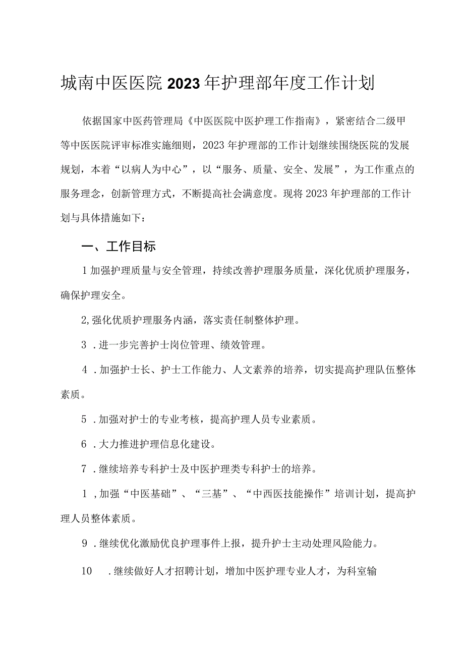 城南中医医院2023年护理部年度工作计划.docx_第1页