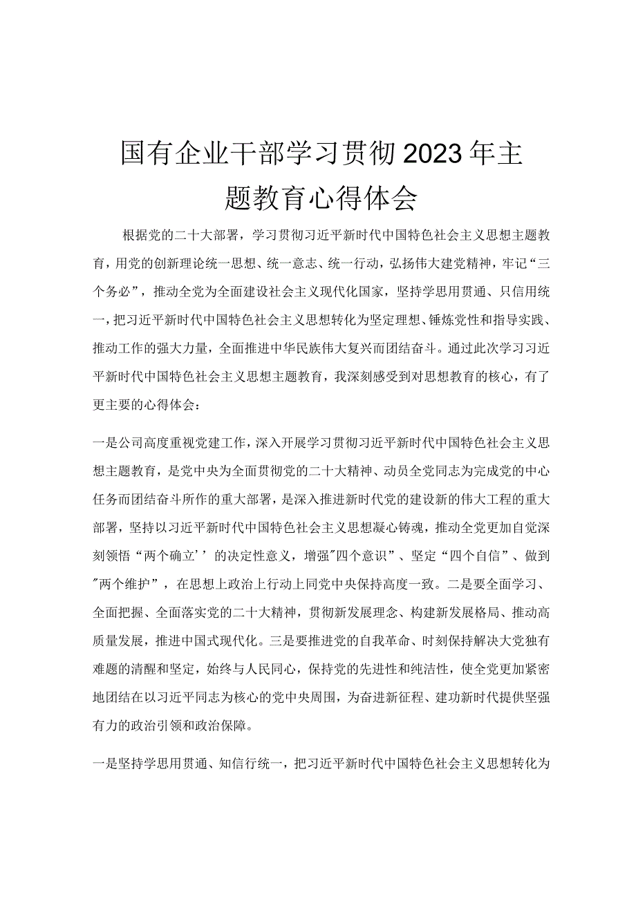 国有企业干部学习贯彻2023年主题教育心得体会.docx_第1页