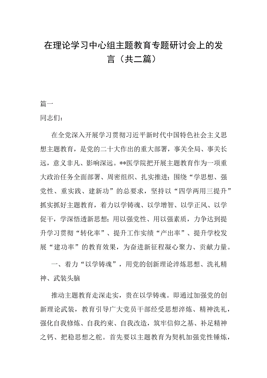 在理论学习中心组主题教育专题研讨会上的发言(共二篇).docx_第1页