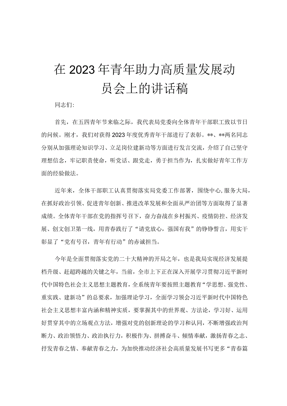 在2023年青年助力高质量发展动员会上的讲话稿.docx_第1页