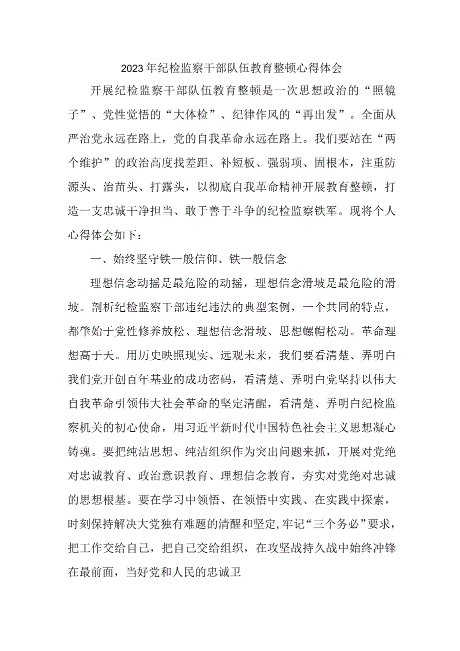 央企单位2023年纪检监察干部队伍教育整顿心得体会 （合计12份）.docx_第1页