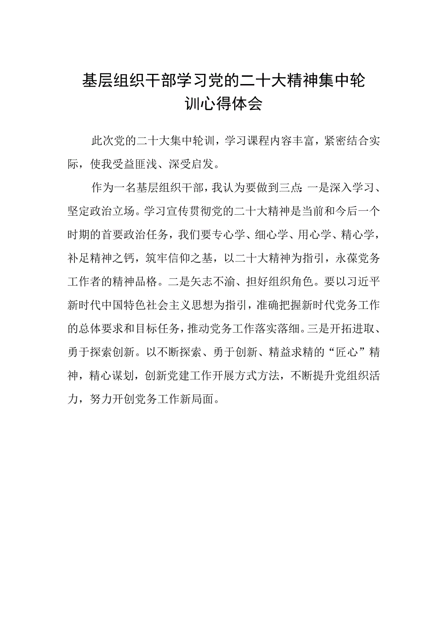 基层组织干部学习党的二十大精神集中轮训心得体会.docx_第1页