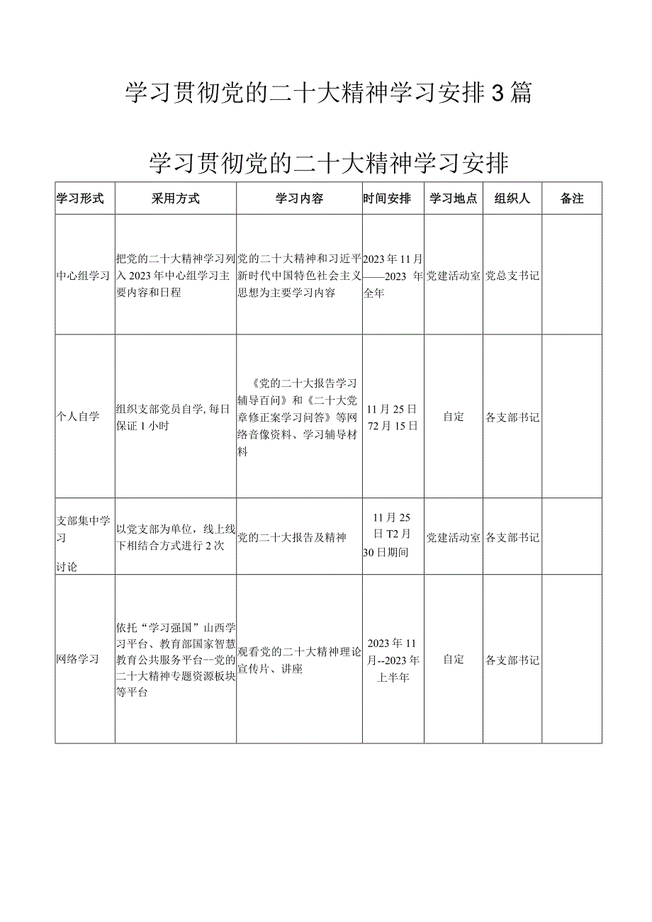 学习贯彻党的二十大精神学习安排3篇.docx_第1页