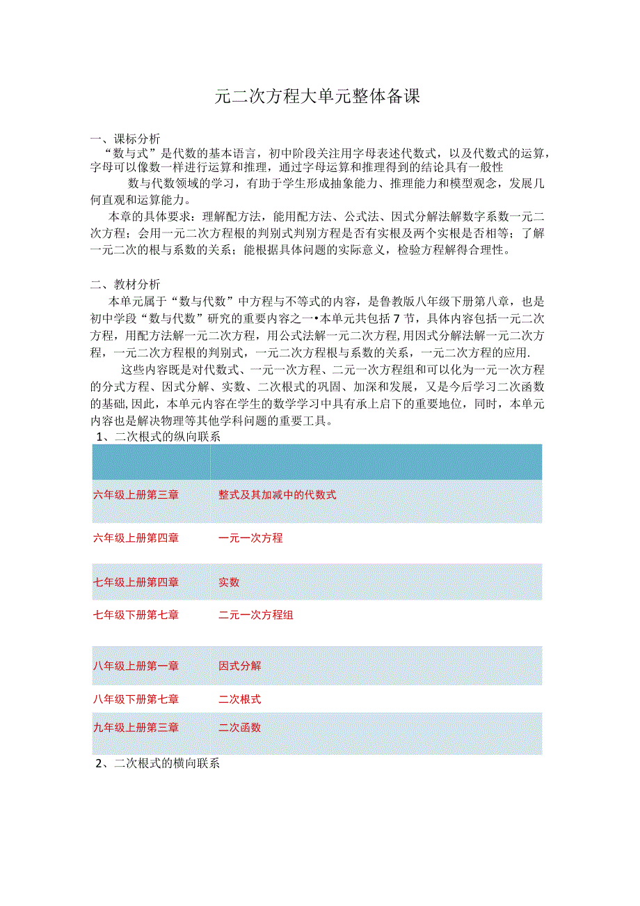 大单元教学鲁教版2023年八年级大单元教学 一元二次方程 教案.docx_第1页