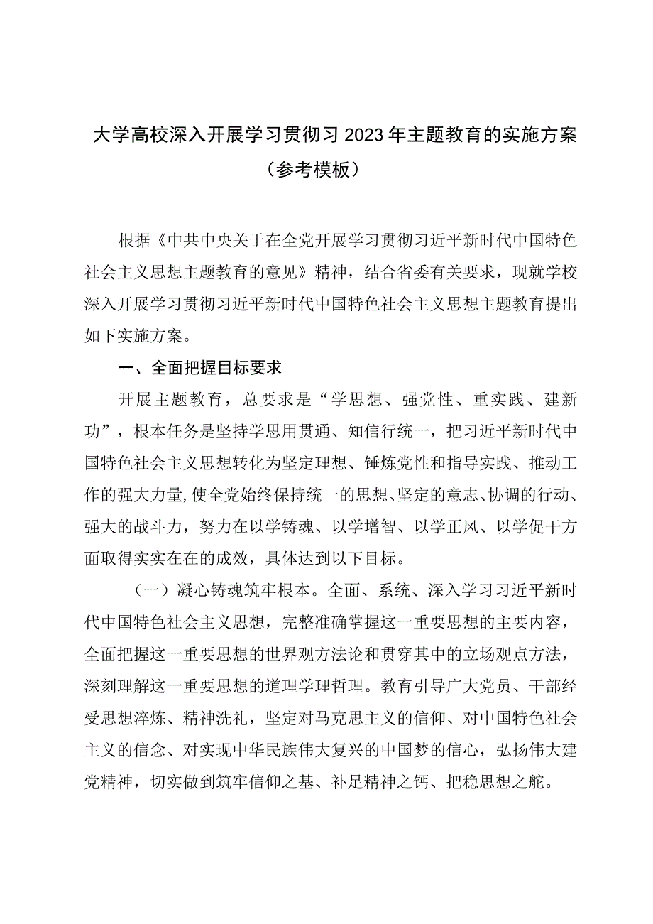 大学高校深入开展学习贯彻习2023年主题教育的实施方案（参考模板）.docx_第1页